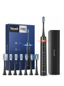 Fairywill P80 Sonic Electric Toothbrush 5 Modes with 8 Brush Heads & Travel Case, Black - Black