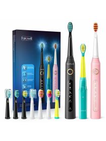 Fairywill 3X Electric Toothbrushes Rechargeable 10 Heads For Adults Kids Family,Family Kit 10 Brush Heads Waterproof - black